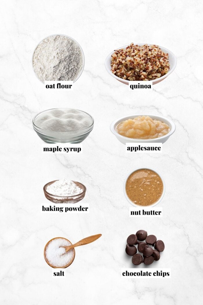 All the ingredients needed for a vegan chocolate chip quinoa cookies recipe.