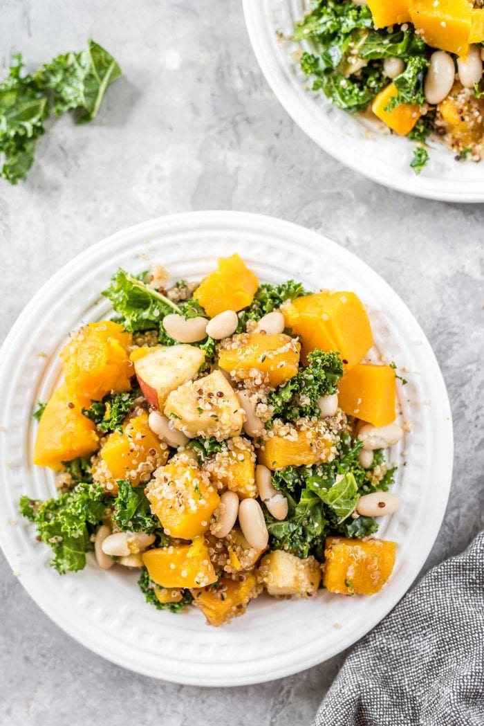 Squash, apple, kale and quinoa salad on a white plate.