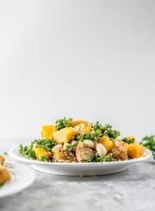 Kale and squash quinoa salad on a white plate.