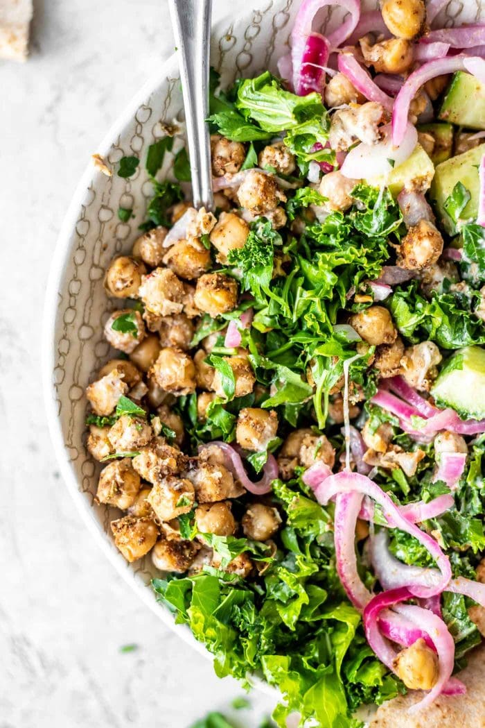 Chickpea shawarma salad in a bowl with a fork.