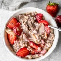 Bowl of strawberry rhubarb oatmeal.