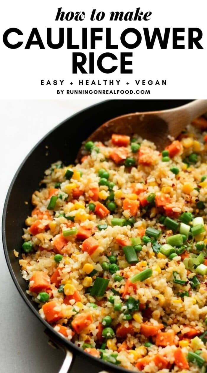 Pinterest graphic with text overlay for how to make cauliflower rice.