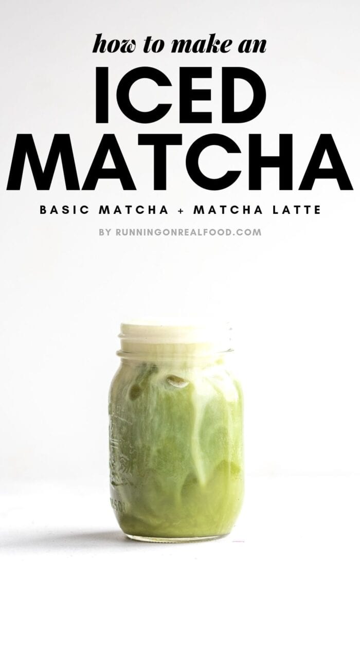 Pinterest graphic for an iced matcha recipe.