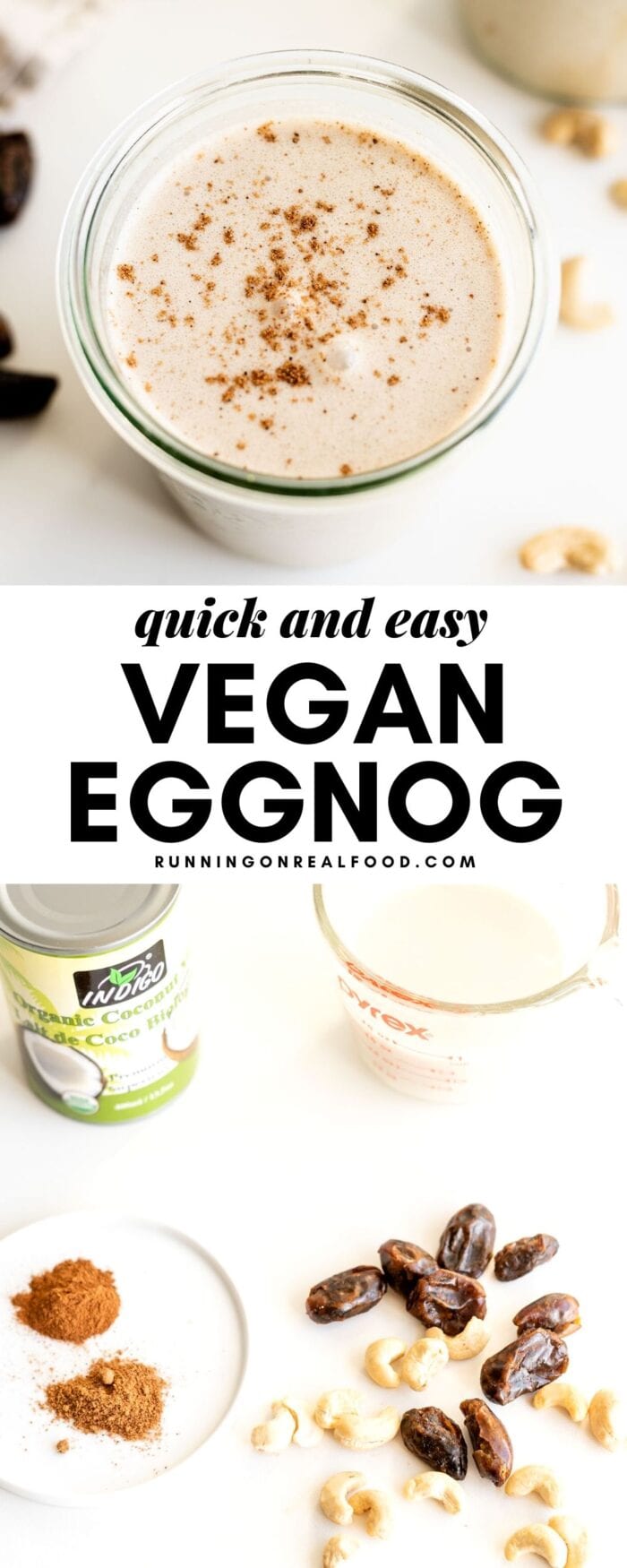 Pinterest collage with two images of vegan eggnog and a text overlay.