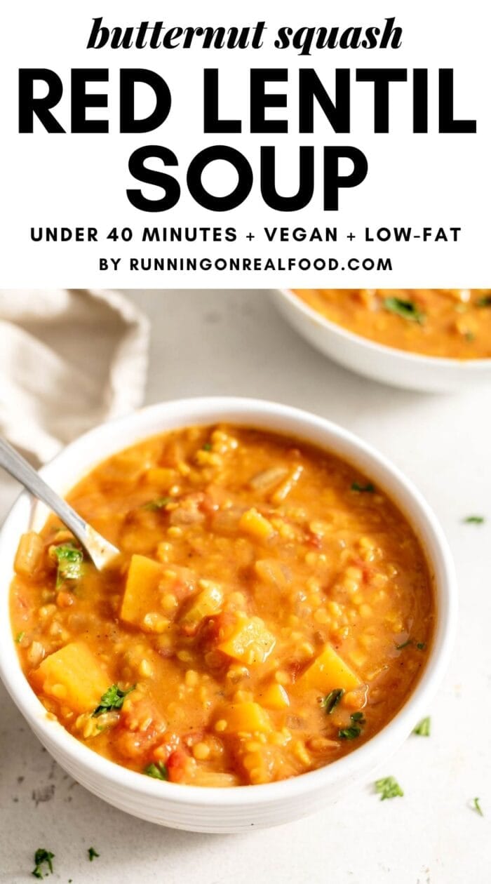 Pinterest graphic with an image and text overlay reading Butternut Squash Red Lentil Soup.