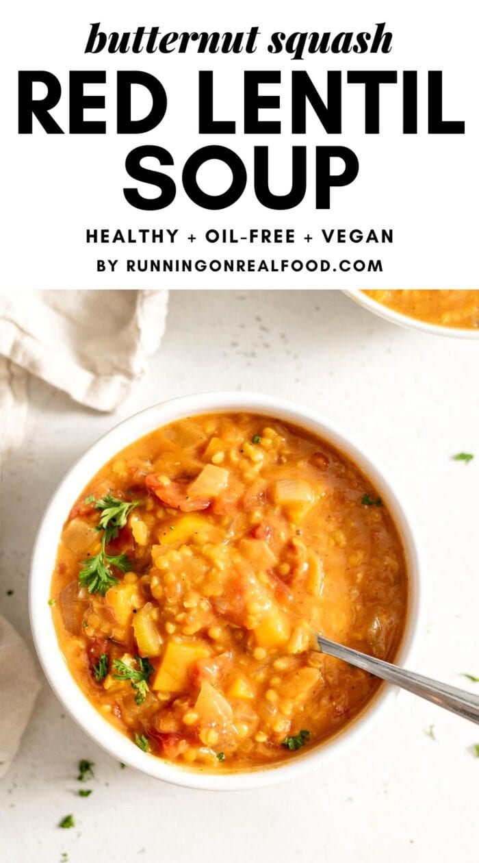 Pinterest graphic with an image and text overlay reading Butternut Squash Red Lentil Soup.
