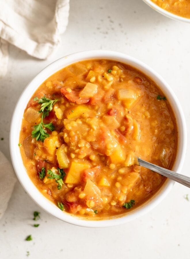 Vegan Curried Butternut Squash Lentil Soup - Running on Real Food