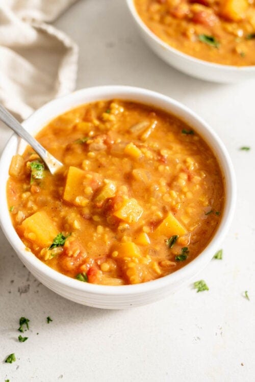 Vegan Curried Butternut Squash Lentil Soup - Running on Real Food