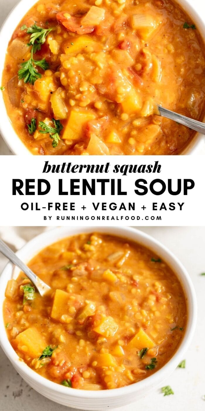 Pinterest collage with 2 images and text overlay reading Butternut Squash Red Lentil Soup.
