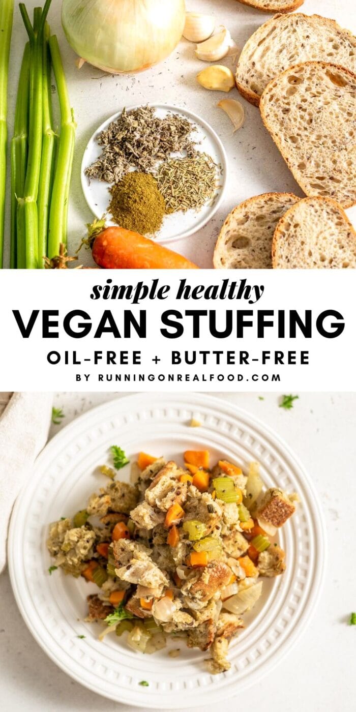 Pinterest graphic for simple and healthy vegan stuffing with 2 images and a text overlay.