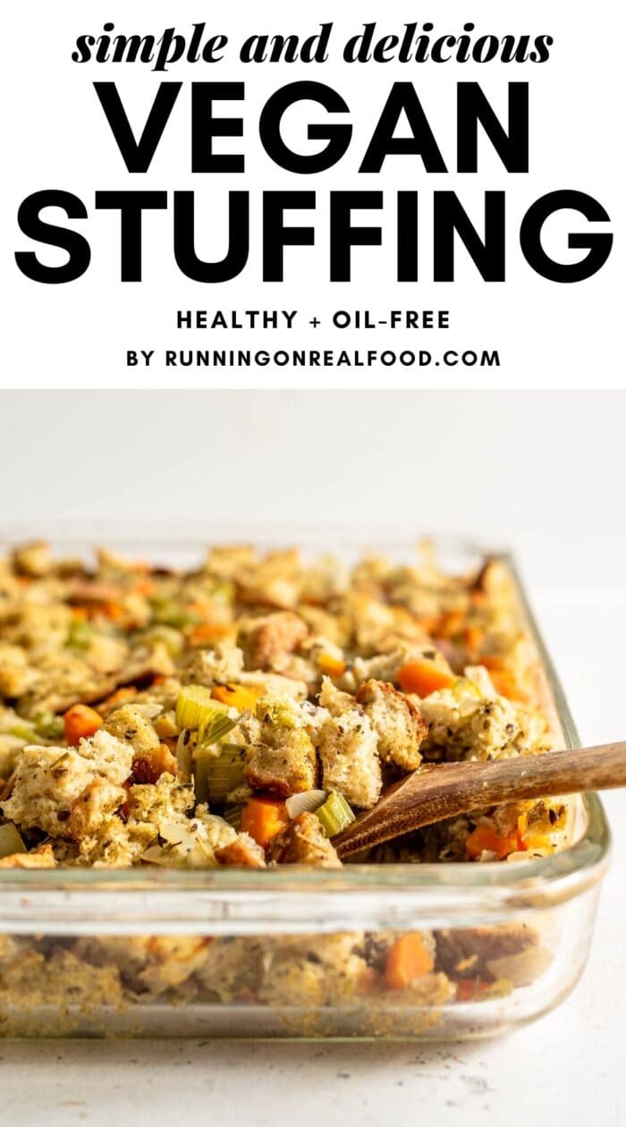 Pinterest graphic for simple and healthy vegan stuffing with an image and a text overlay.