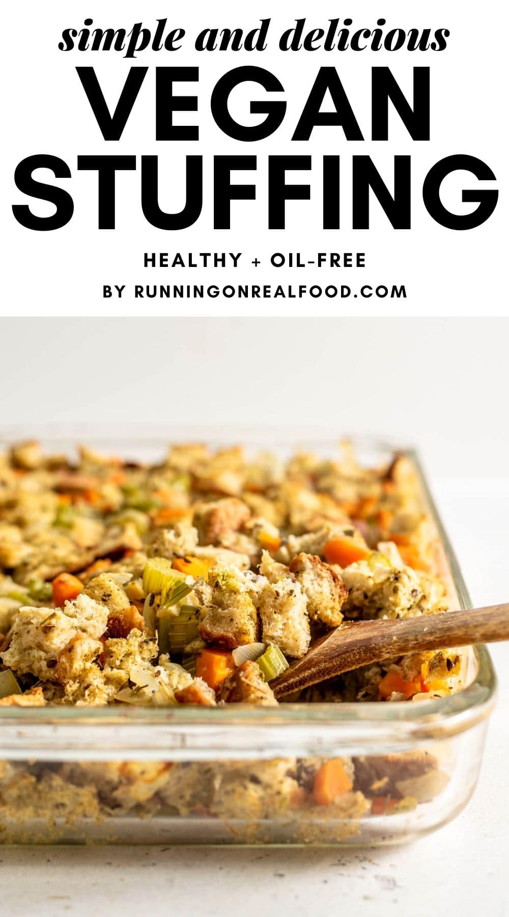 Pinterest graphic for simple and healthy vegan stuffing with an image and a text overlay.