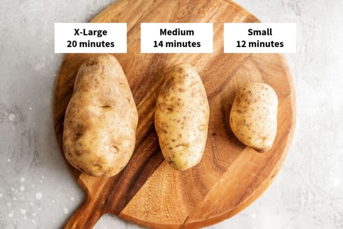 Instant Pot cooking times for small, medium and large Russet potatoes.