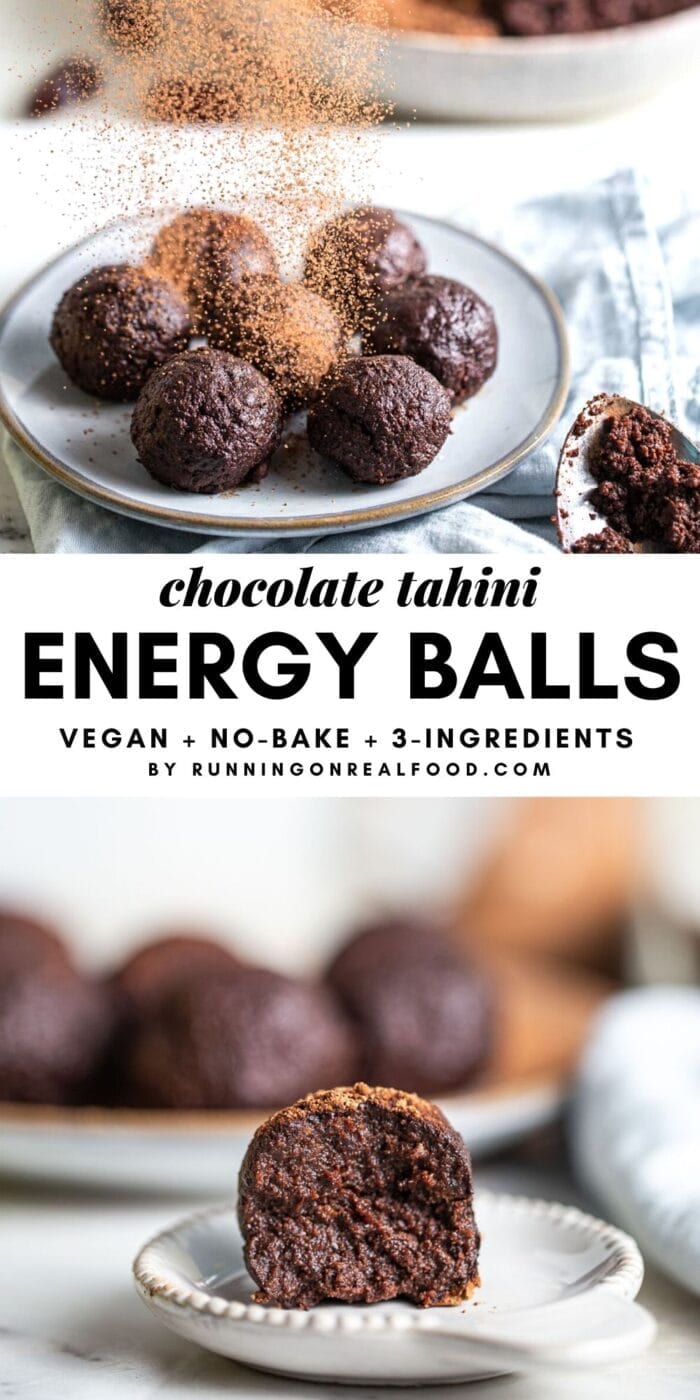 Pinterest graphic with an image and text overlay for chocolate date balls.