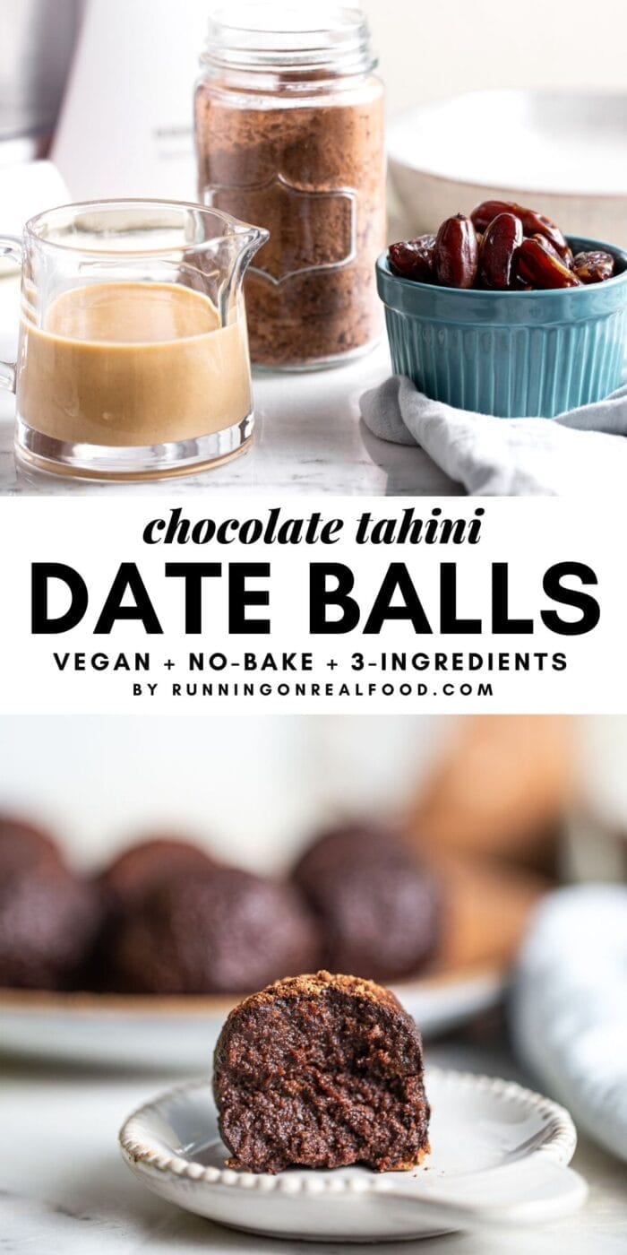 Pinterest graphic with an image and text overlay for chocolate date balls.