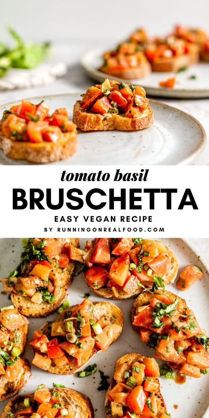 Pinterest graphic with an image and text for classic vegan bruschetta.
