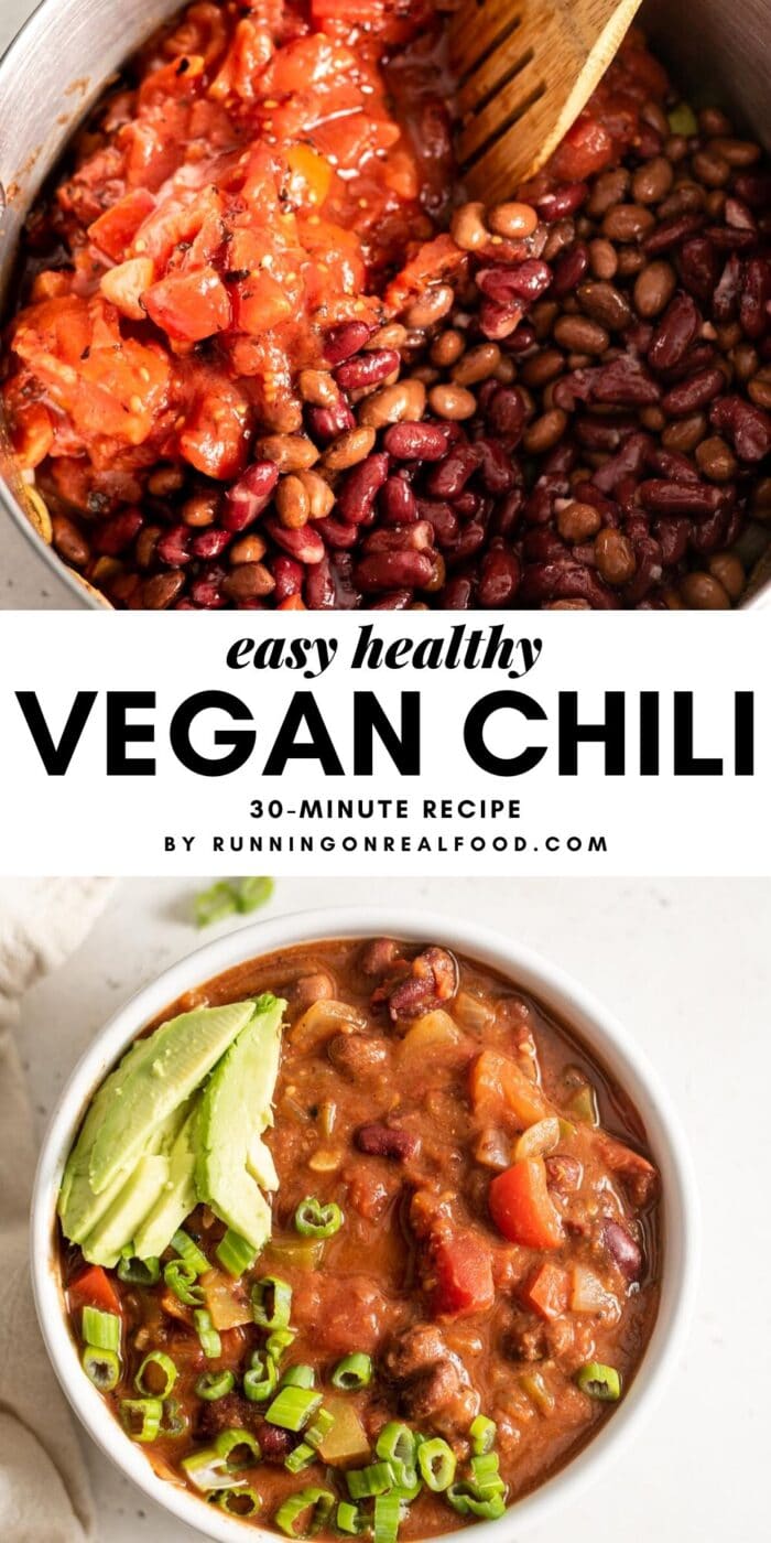 Pinterest graphic with an image and text overlay for vegan chili.