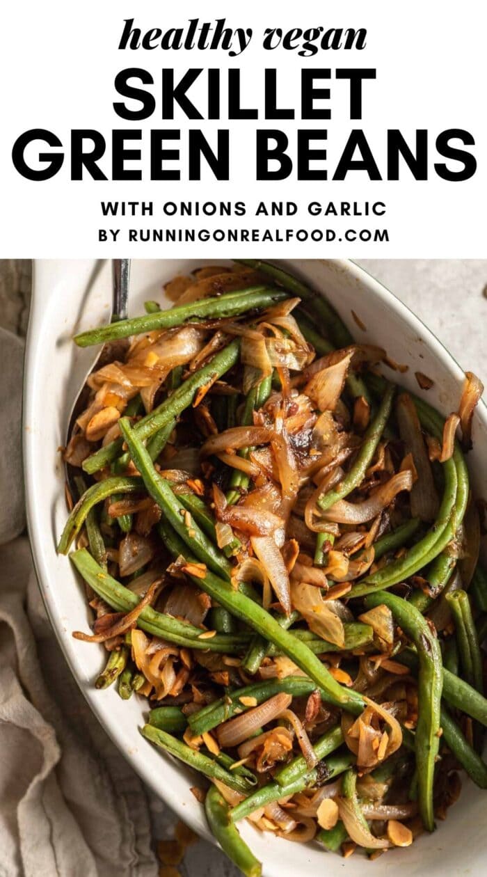 Pinterest graphic for skillet green beans with an image and text overlay.