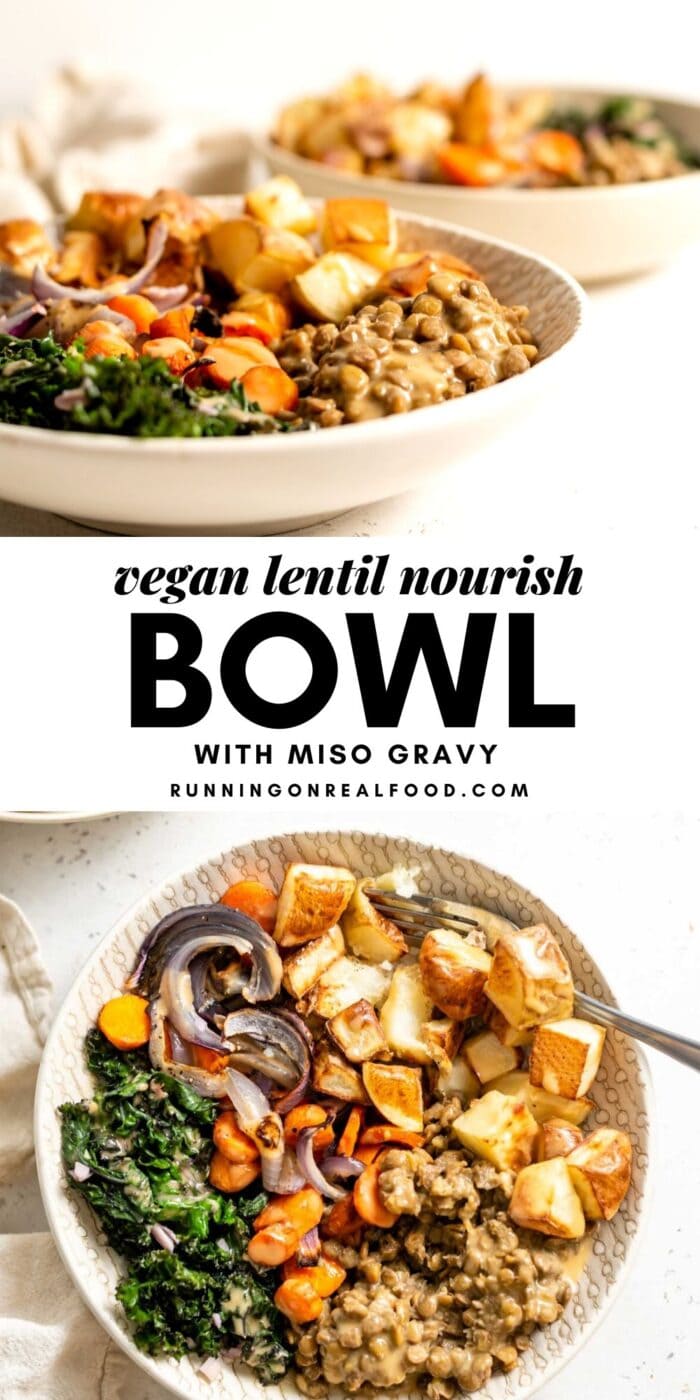 Pinterest graphic with an image and text for a lentil nourish bowl.