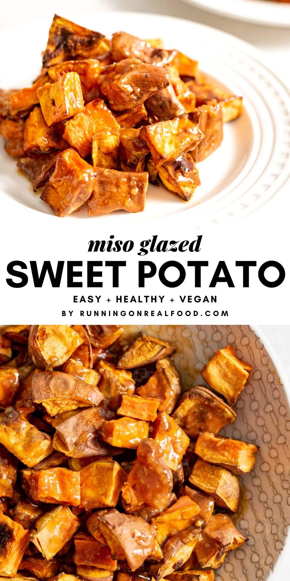 Pinterest graphic for miso glazed sweet potato with an image and a text overlay.