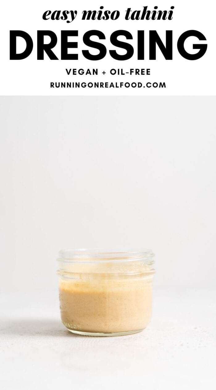 Pinterest graphic with an image and text for miso tahini sauce.