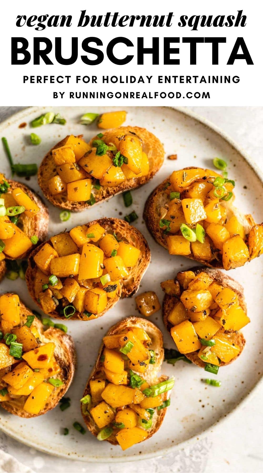 Pinterest graphic with an image and text for butternut squash bruschetta.