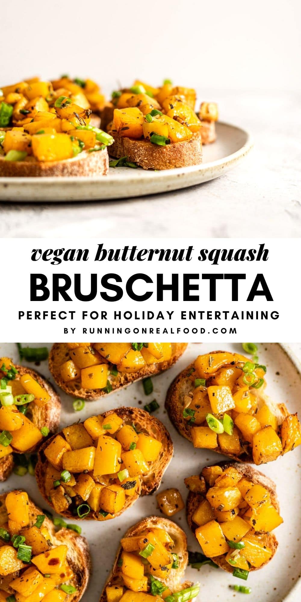 Pinterest graphic with an image and text for butternut squash bruschetta.