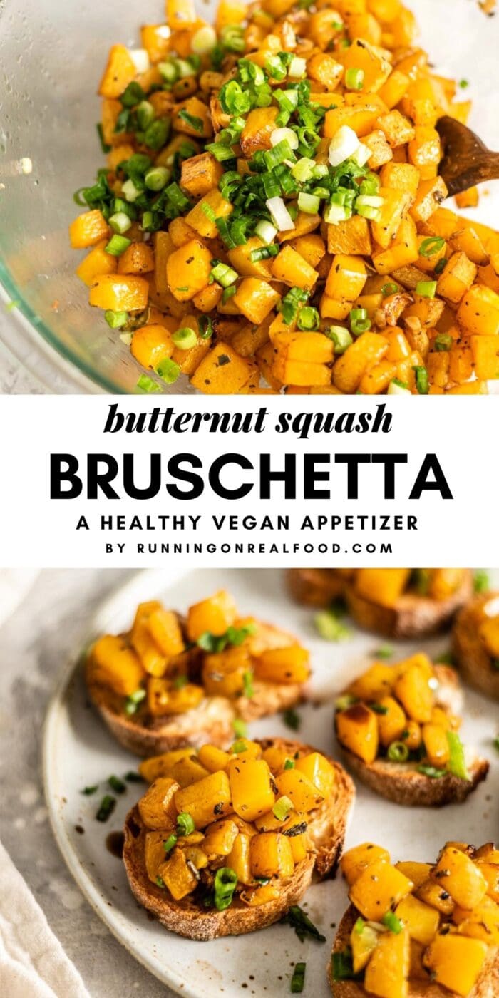 Pinterest graphic with an image and text for butternut squash bruschetta.
