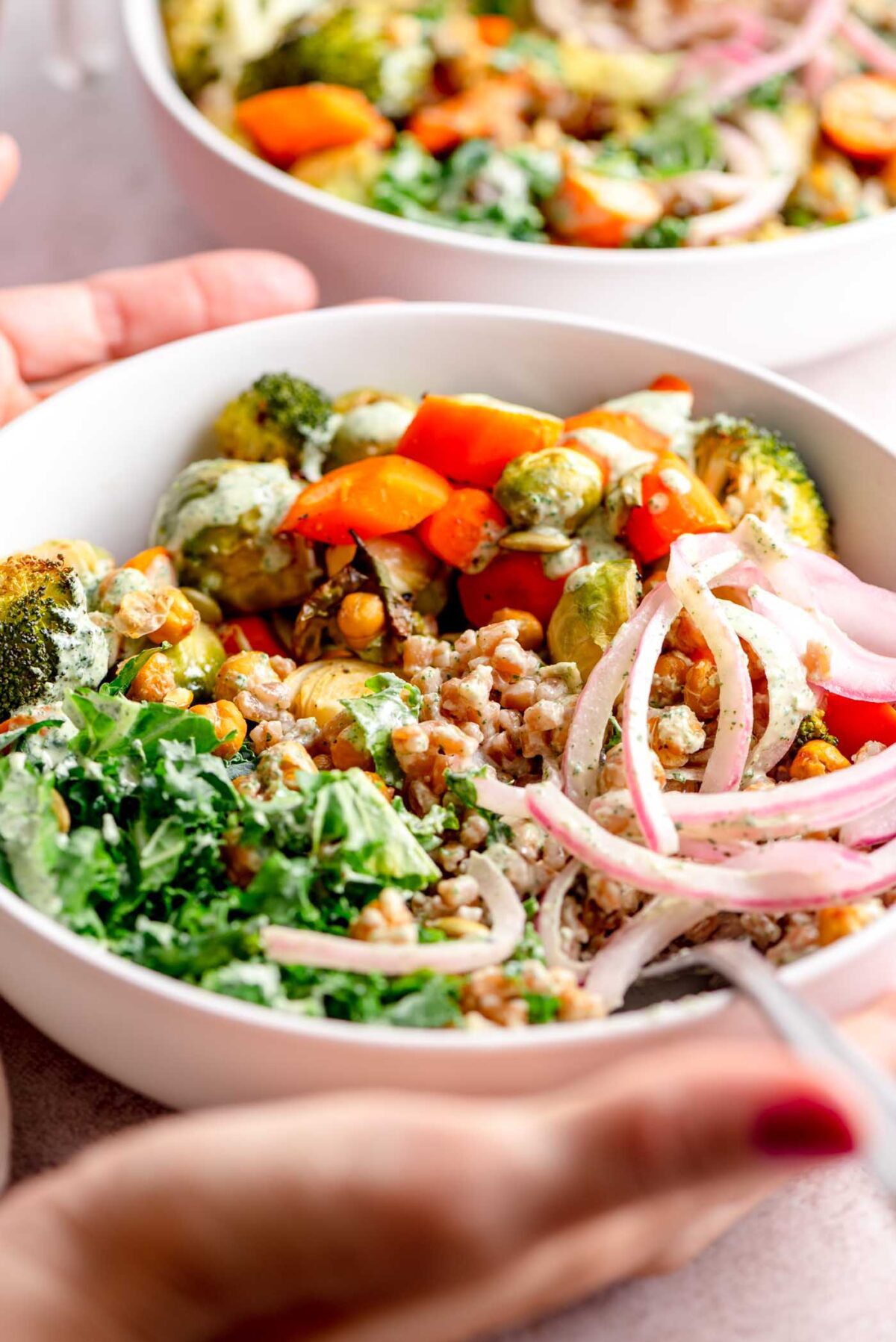 Hands holding a farro bowl with kale, vegetables, pickled onion and creamy sauce.