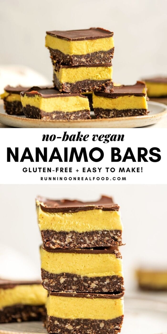 Pinterest graphic with an image and text for vegan Nanaimo Bars.