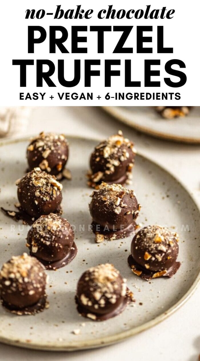 Pinterest graphic with an image and text for chocolate pretzel balls.