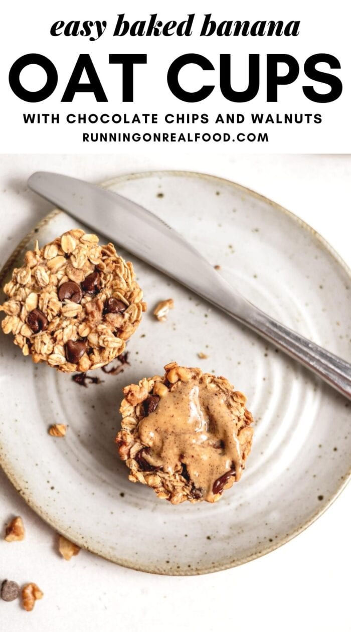 Pinterest graphic with an image and text for baked oatmeal cups.