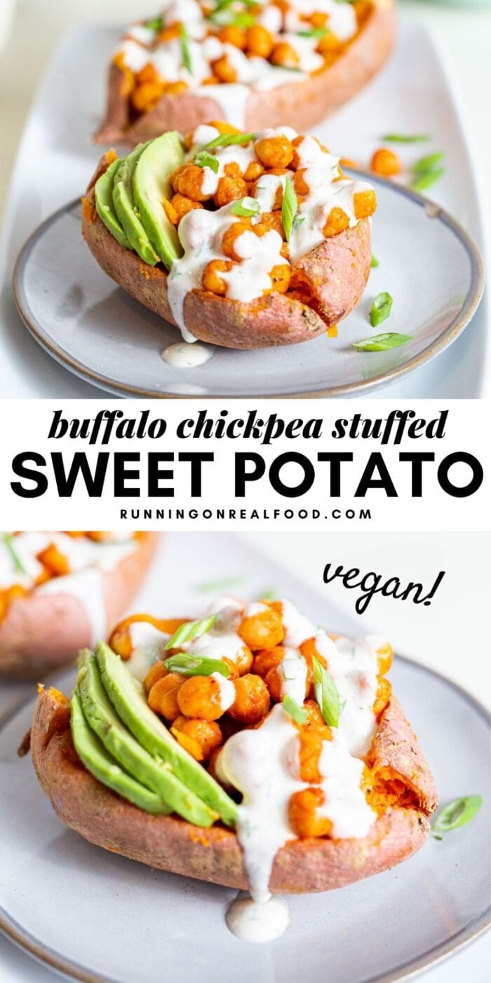 Pinterest graphic with an image and text for buffalo chickpea sweet potatoes.