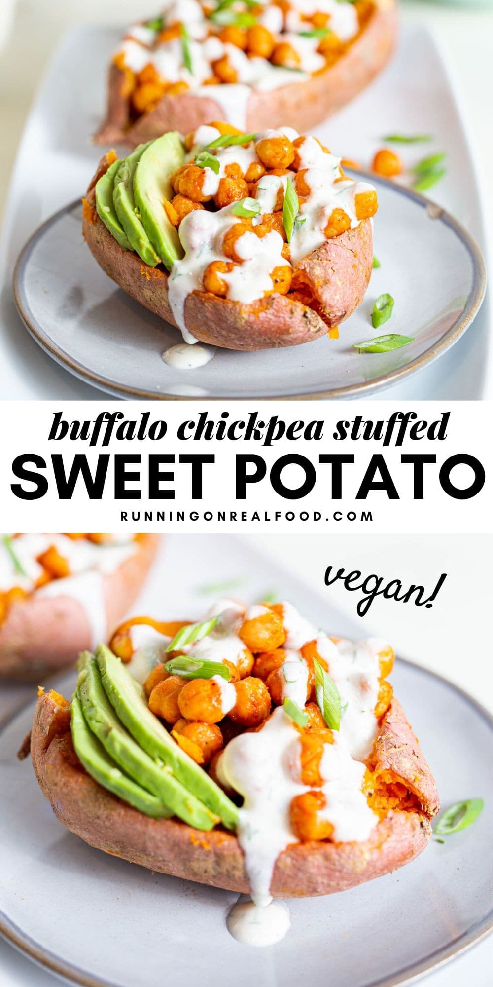 Buffalo Chickpea Stuffed Sweet Potatoes - Running on Real Food