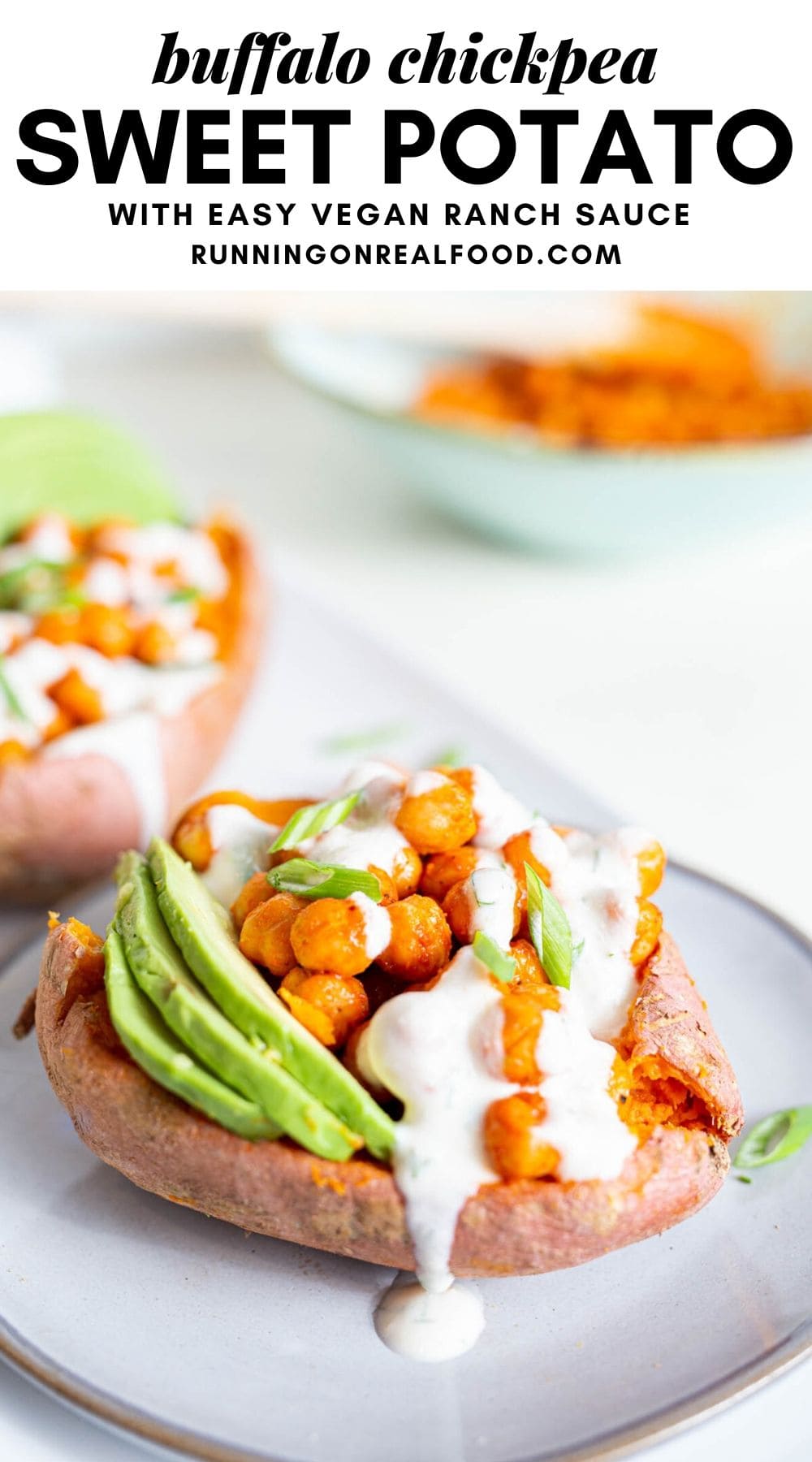 Pinterest graphic with an image and text for buffalo chickpea sweet potatoes.