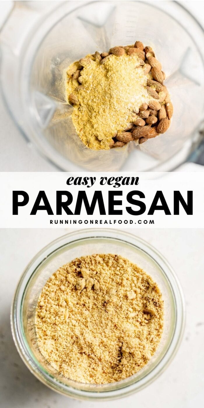 Pinterest graphic with an image and text for vegan parmesan cheese.