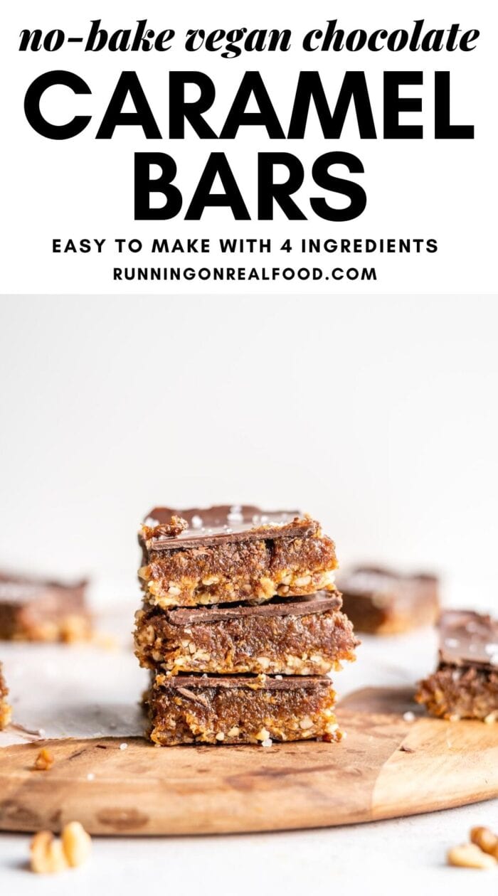 Pinterest graphic with an image and text for no-bake chocolate caramel bars.
