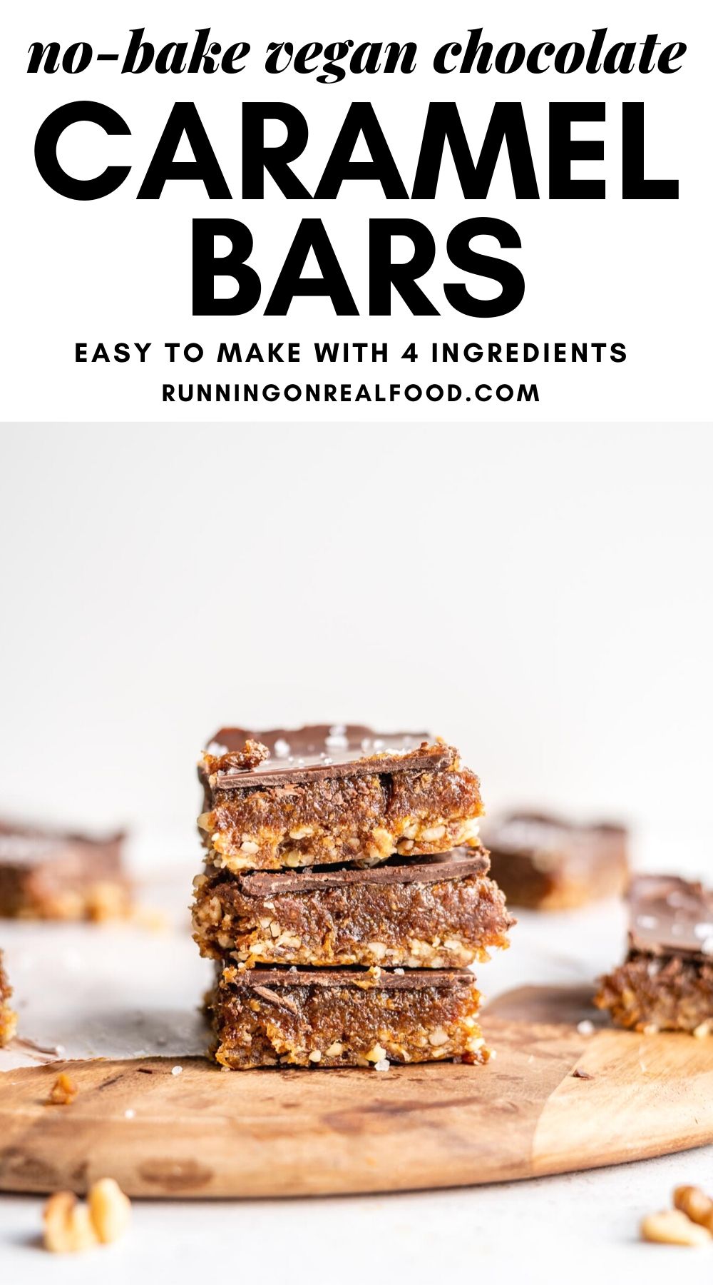 Pinterest graphic with an image and text for no-bake chocolate caramel bars.