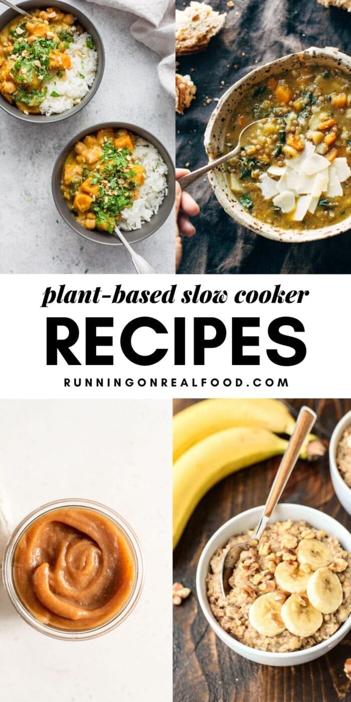 Pinterest graphic with images and text overlay reading Plant-Based Slow Cooker Recipes.