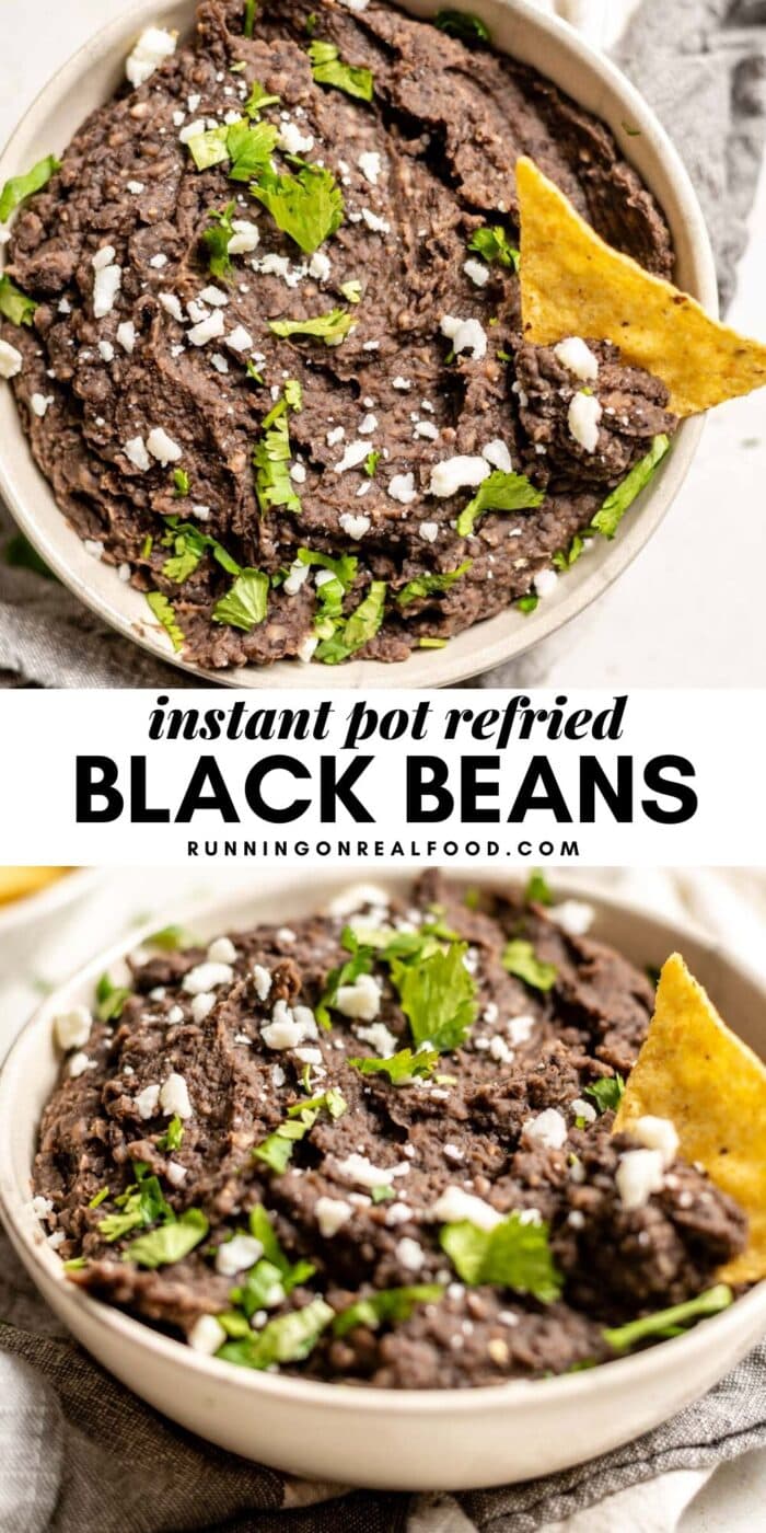 Pinterest graphic with an image and text for Instant Pot Refried Black Beans.