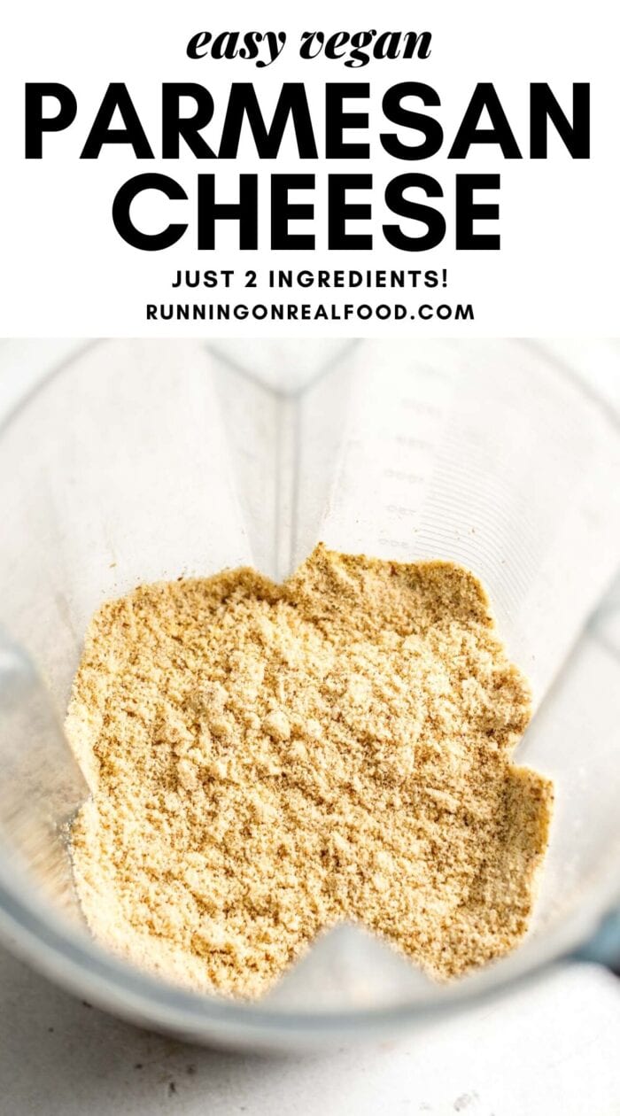 Pinterest graphic with an image and text for vegan parmesan cheese.