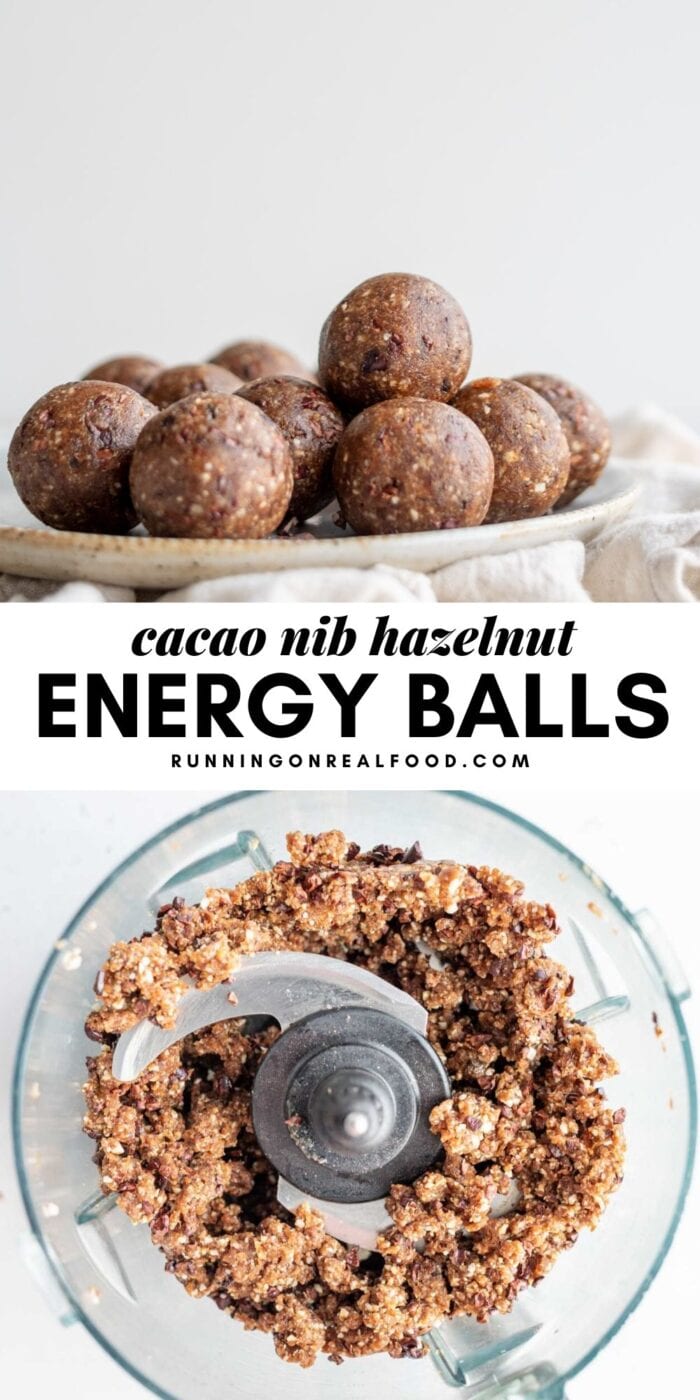 Pinterest graphic with an image and text for cacao energy balls.