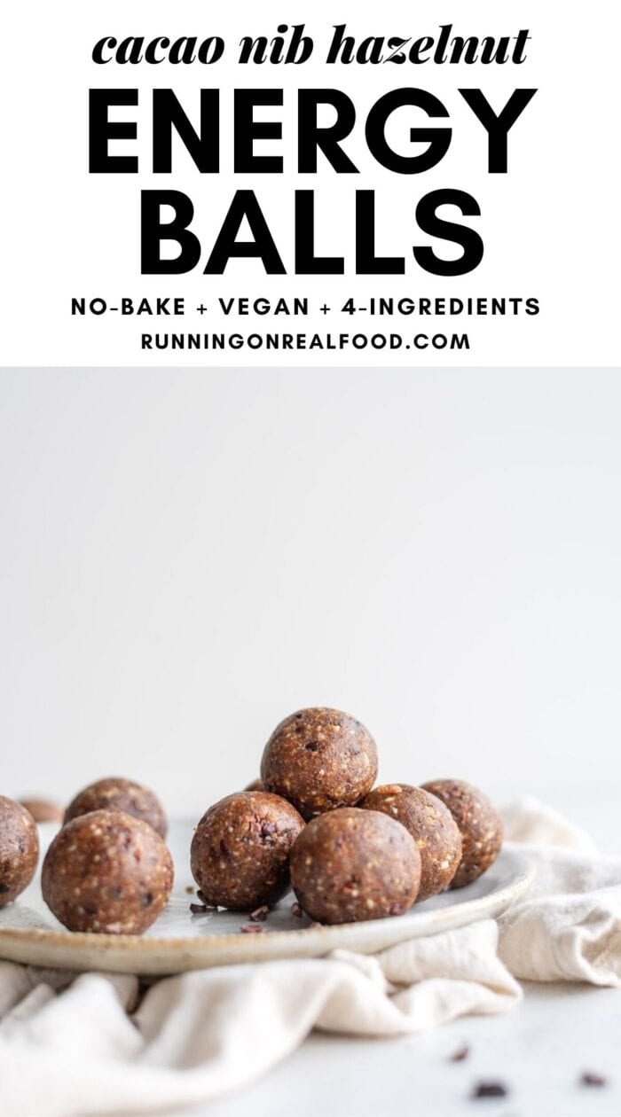 Pinterest graphic with an image and text for cacao energy balls.