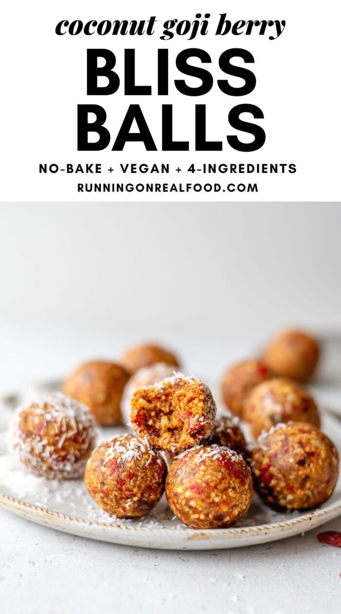 Pinterest graphic with an image and text for goji berry bliss balls.