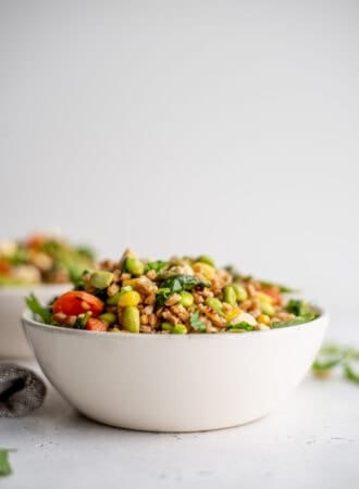 A bowl of fried farro with vegetables sitting on a countertop.