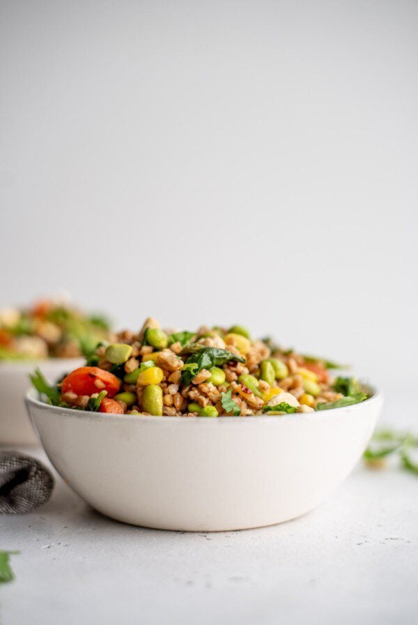 A bowl of fried farro with vegetables sitting on a countertop.