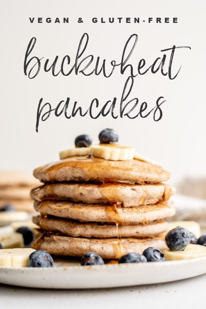 Pinterest graphic with an image and text for buckwheat pancakes.