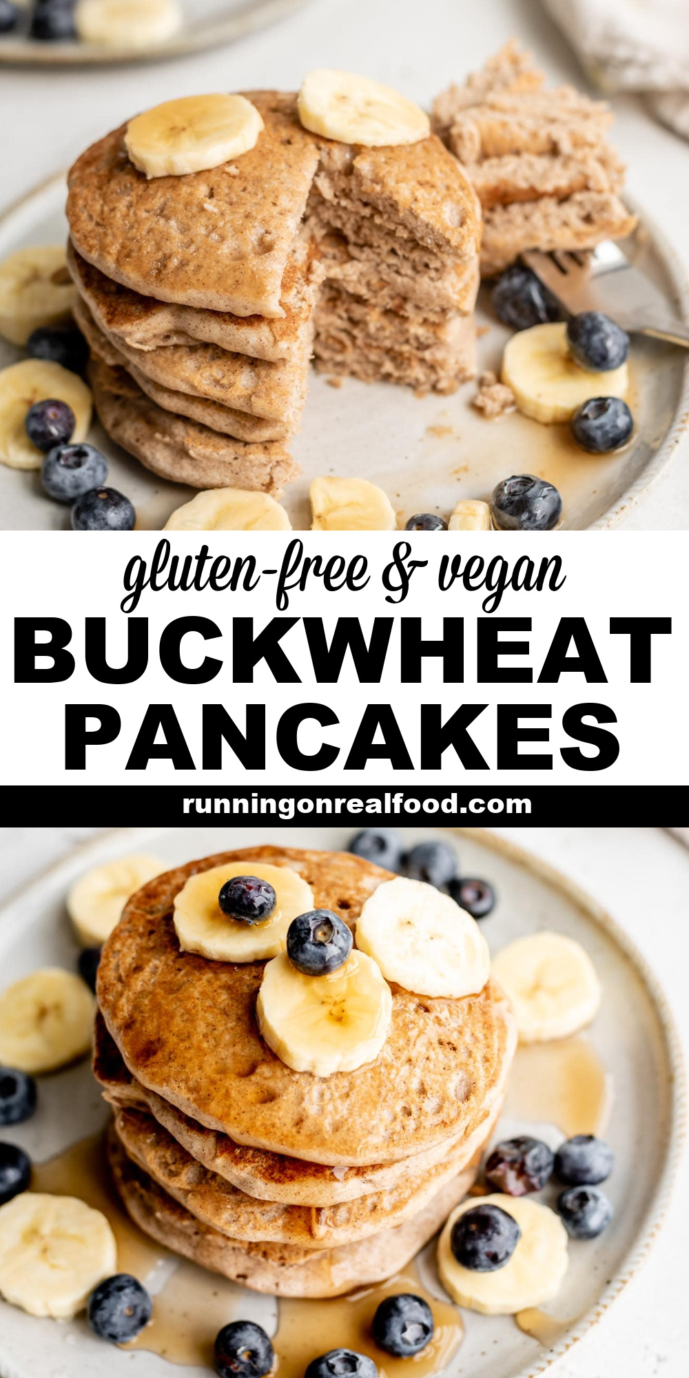 Pinterest graphic with an image and text for buckwheat pancakes.