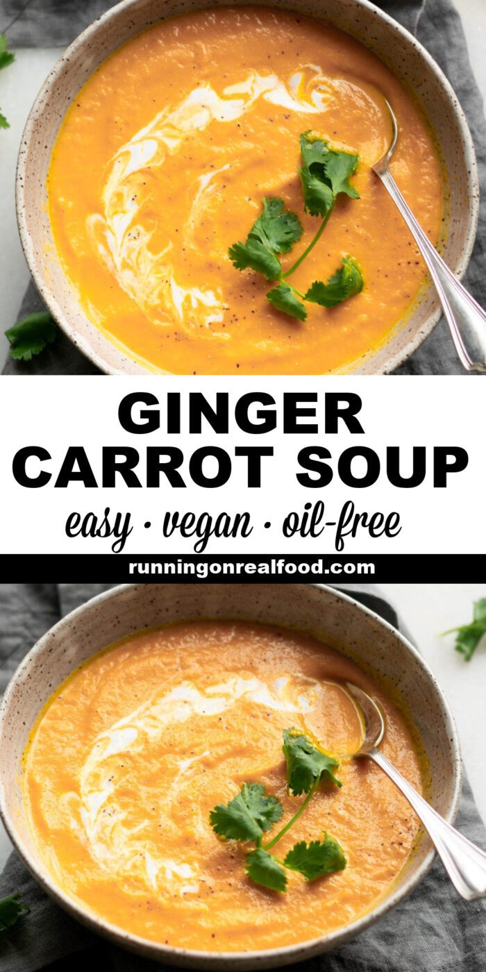 Pinterest graphic with an image and text for carrot ginger soup.
