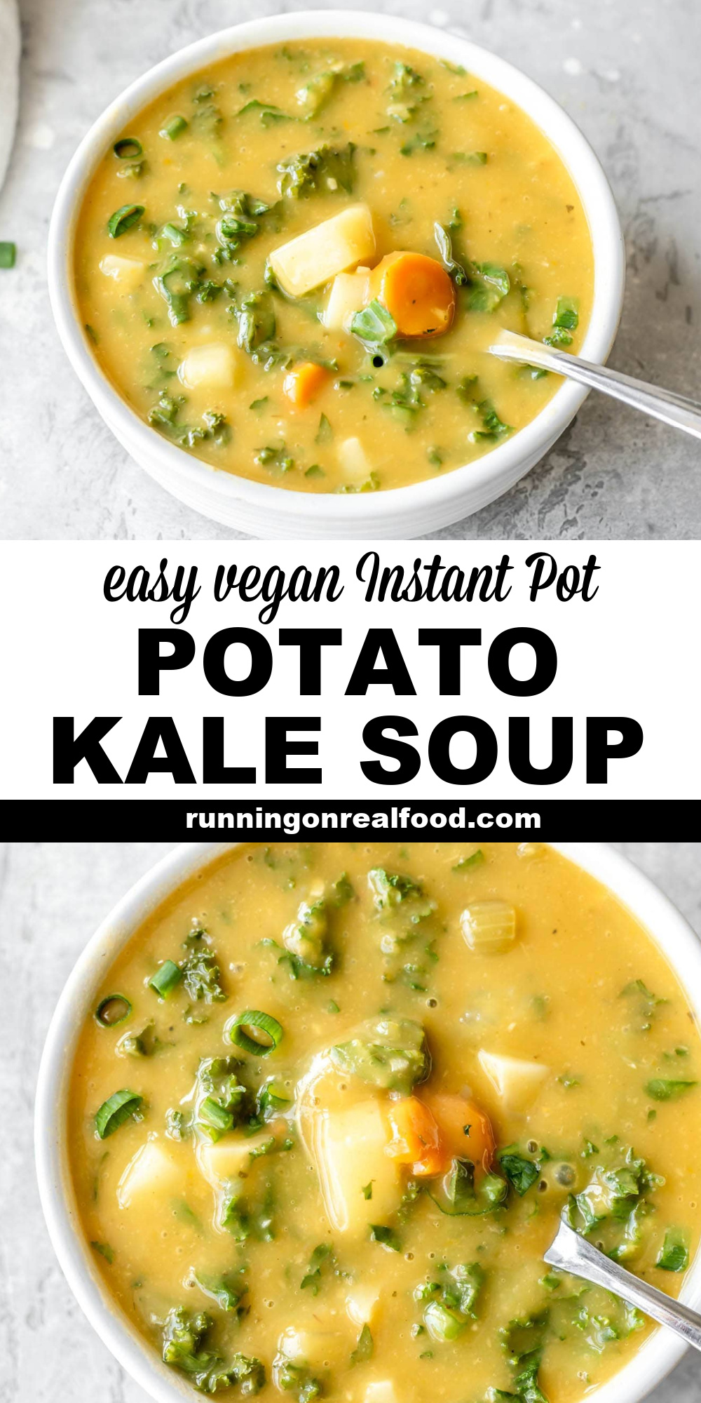 Pinterest graphic with an image and text for potato kale soup.